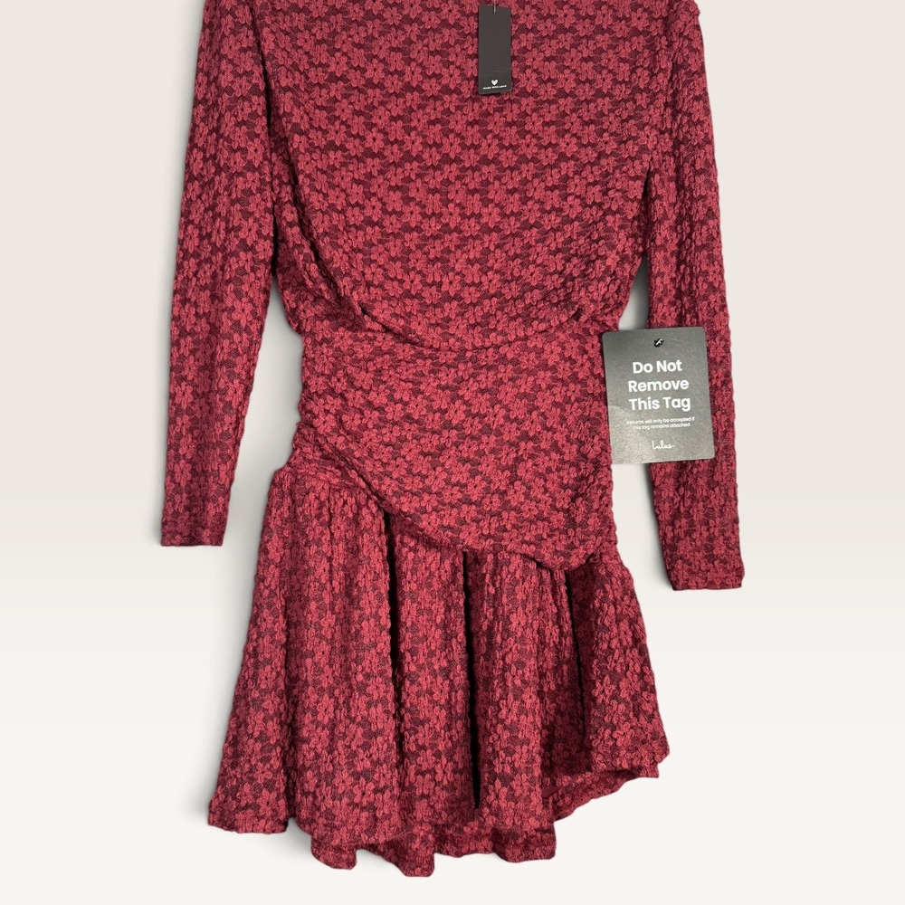 Lulus Zallie Wine Red Textured Drop Waist Mini Dress XS NWT Floral Lace Holidays - Picture 9 of 9